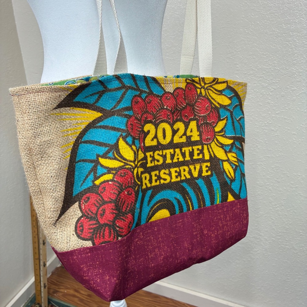 Handmade 2024 Estate Reserve Burlap Coffee Sack Tote Bag Tropical Floral Lined